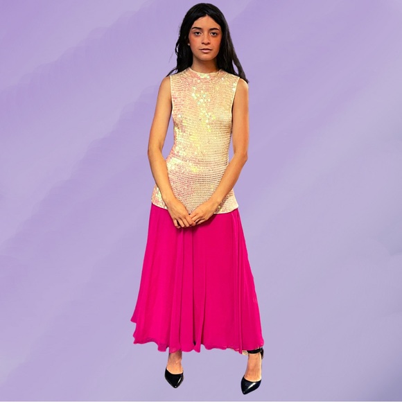 Size 4 Pink Magenta Maxi Full Chiffon Skirt Ruffle Hem Lined Party Club Event - Picture 1 of 7